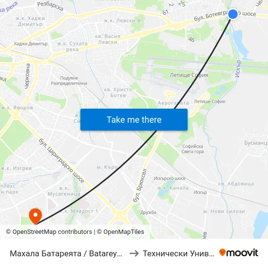 Махала Батареята / Batareyata Neighbourhood (1649) to Технически Университет - София map