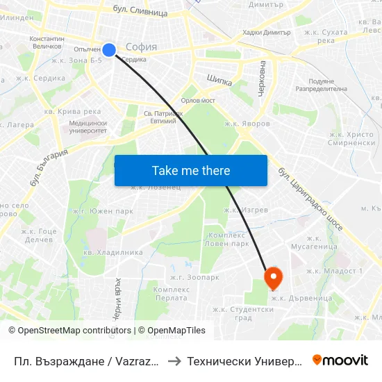 Пл. Възраждане / Vazrazhdane Sq. (1272) to Технически Университет - София map