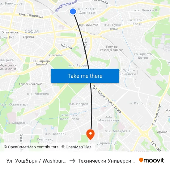 Ул. Уошбърн / Washburn St. (2223) to Технически Университет - София map
