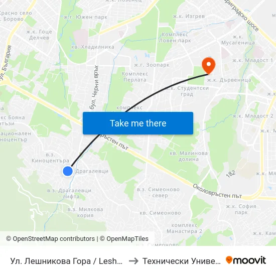 Ул. Лешникова Гора / Leshnikova Gora St. (2026) to Технически Университет - София map