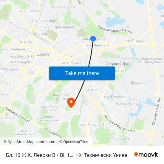 Бл. 10 Ж.К. Левски В / Bl. 10, Levski V Qr. (0126) to Технически Университет - София map