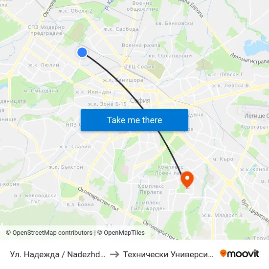 Ул. Надежда / Nadezhda St. (2052) to Технически Университет - София map