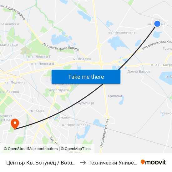Център Кв. Ботунец / Botunets Qr. Centre (1235) to Технически Университет - София map
