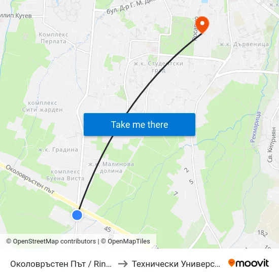 Околовръстен Път / Ring Road (1172) to Технически Университет - София map