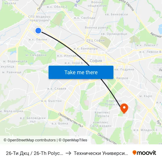 26-Ти Дкц / 26-Th Polyclinic (0020) to Технически Университет - София map