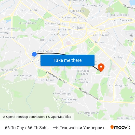 66-То Соу / 66-Th School (0041) to Технически Университет - София map
