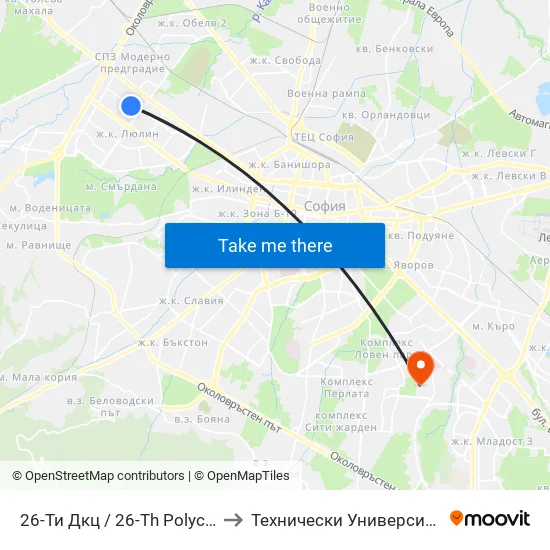 26-Ти Дкц / 26-Th Polyclinic (0021) to Технически Университет - София map