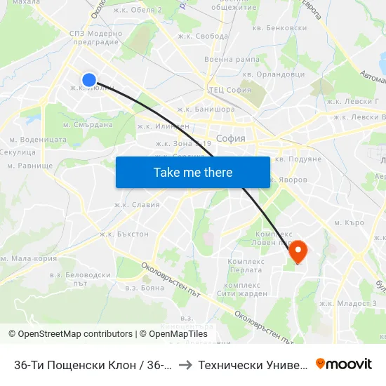 36-Ти Пощенски Клон / 36-Th Post Office (0030) to Технически Университет - София map
