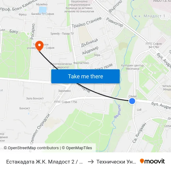 Естакадата Ж.К. Младост 2 / Mladost 2 Qr. Overhead Road (2807) to Технически Университет - София map
