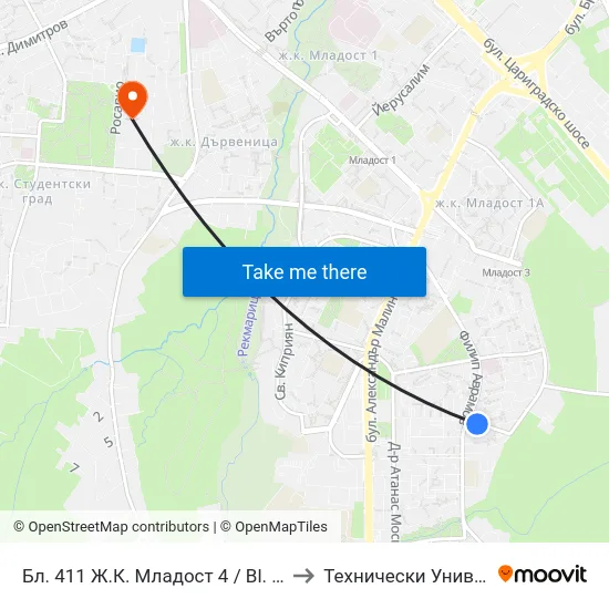 Бл. 411 Ж.К. Младост 4 / Bl. 411, Mladost 4 Qr. (0005) to Технически Университет - София map