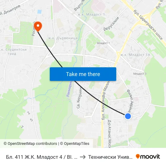Бл. 411 Ж.К. Младост 4 / Bl. 411, Mladost 4 Qr. (0003) to Технически Университет - София map