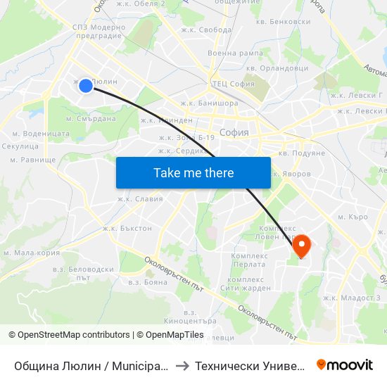 Община Люлин / Municipality Of Lyulin (1719) to Технически Университет - София map