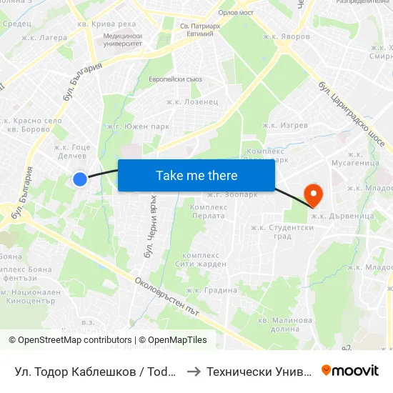 Ул. Тодор Каблешков / Todor Kableshkov St. (0598) to Технически Университет - София map