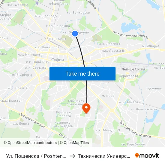 Ул. Пощенска / Poshtenska St. (0045) to Технически Университет - София map