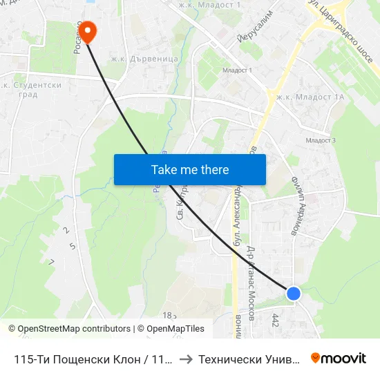 115-Ти Пощенски Клон / 115-Th Post Office (1760) to Технически Университет - София map