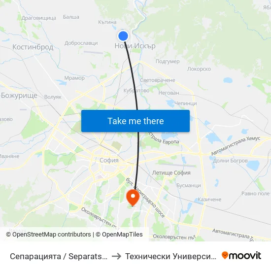 👋 Сепарацията / Separatsiyata (1576) to Технически Университет - София map