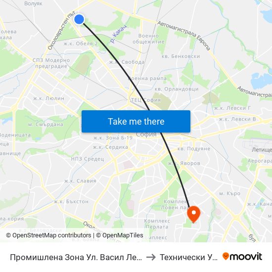 Промишлена Зона Ул. Васил Левски / Industrial Zone Vasil Levski St. (2722) to Технически Университет - София map