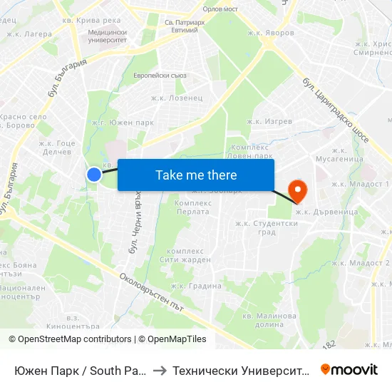 Южен Парк / South Park (0860) to Технически Университет - София map