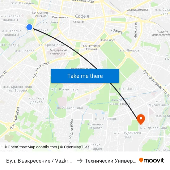 Бул. Възкресение / Vazkresenie Blvd. (0304) to Технически Университет - София map