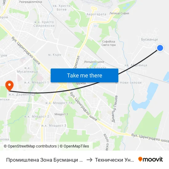 Промишлена Зона Бусманци / Industrial Zone Busmantsi (1640) to Технически Университет - София map