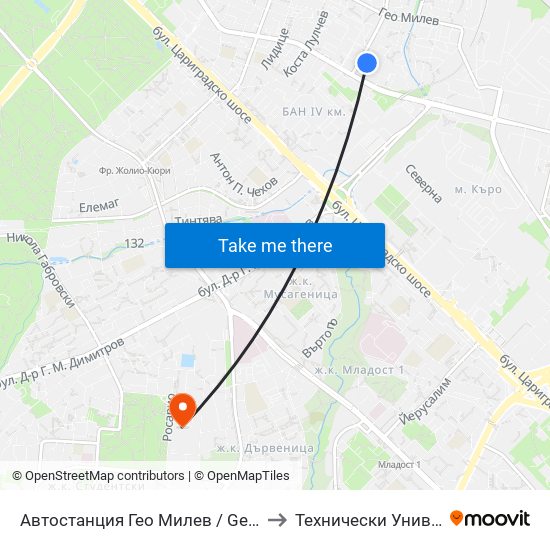 Автостанция Гео Милев / Geo Milev Bus Station (0053) to Технически Университет - София map