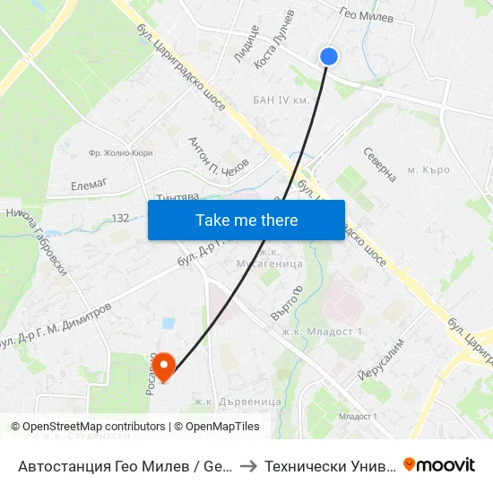 🚌 Автостанция Гео Милев / Geo Milev Bus Station (0053) to Технически Университет - София map