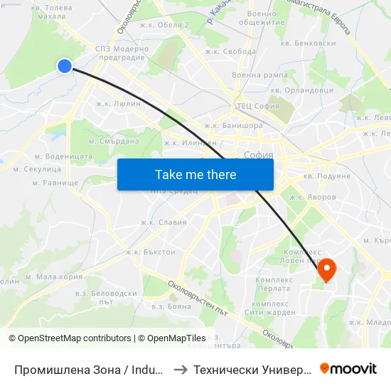 👋 Промишлена Зона / Industrial Zone (1686) to Технически Университет - София map