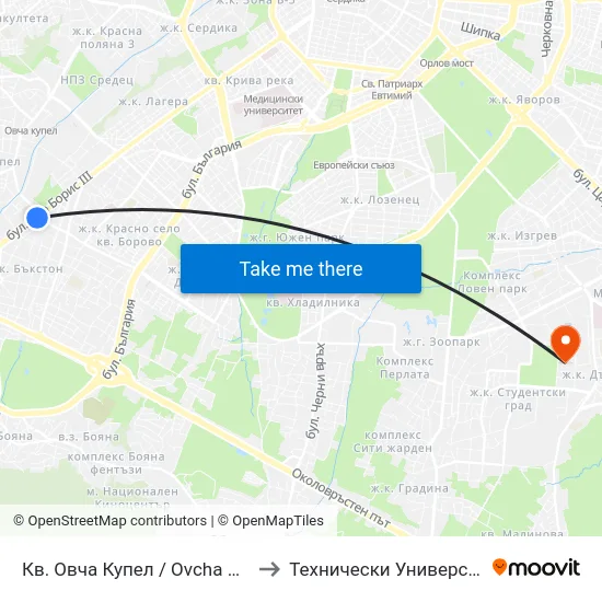 Кв. Овча Купел / Ovcha Kupel Qr. (0880) to Технически Университет - София map
