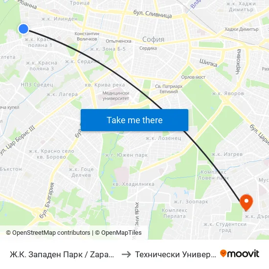 Ж.К. Западен Парк / Zapaden Park Qr. (0620) to Технически Университет - София map