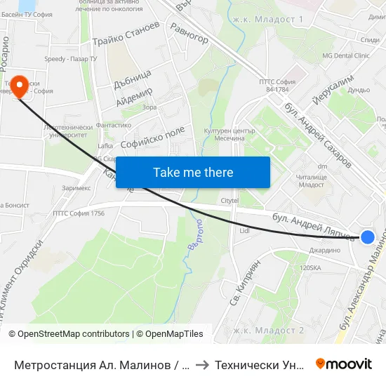 Ⓜ️ Метростанция Ал. Малинов / Al. Malinov Metro Station (0233) to Технически Университет - София map