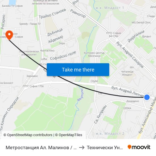 Метростанция Ал. Малинов / Al. Malinov Metro Station (0234) to Технически Университет - София map