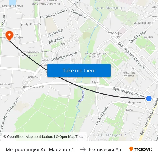 Ⓜ️ Метростанция Ал. Малинов / Al. Malinov Metro Station (0234) to Технически Университет - София map