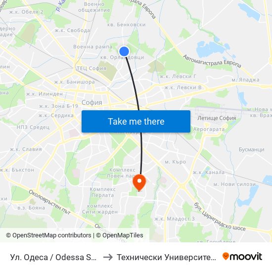 Ул. Одеса / Odessa St. (2355) to Технически Университет - София map