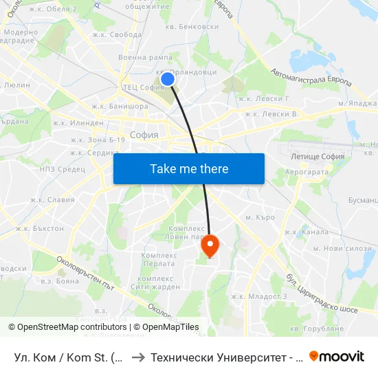 Ул. Ком / Kom St. (2599) to Технически Университет - София map
