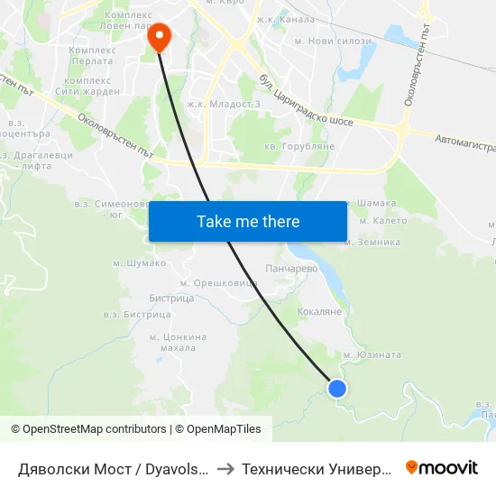 Дяволски Мост / Dyavolski Bridge (0557) to Технически Университет - София map