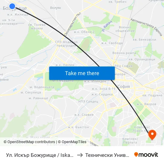 Ул. Искър Божурище / Iskar St. Bozhurishte(2604) to Технически Университет - София map
