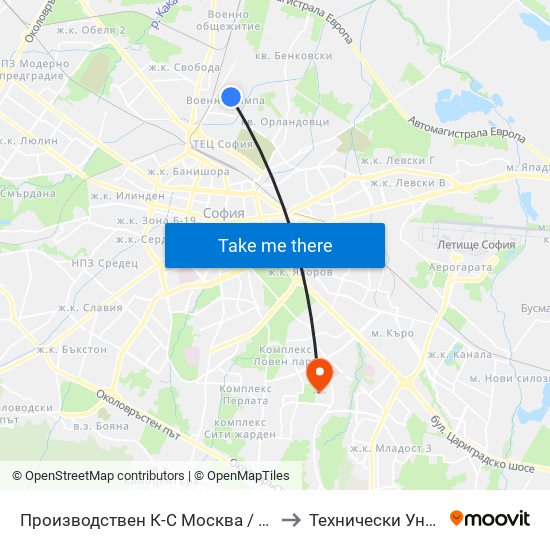 Производствен К-С Москва / Moskva Industrial Complex (0537) to Технически Университет - София map