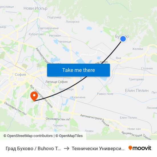 Град Бухово / Buhovo Town (0504) to Технически Университет - София map