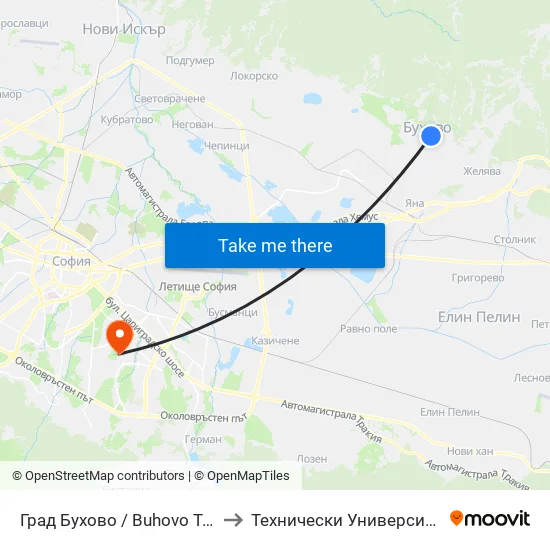 Град Бухово / Buhovo Town (0504) to Технически Университет - София map