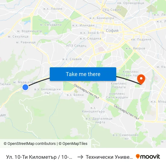 Ул. 10-Ти Километър / 10-Ti Kilometar St. (0521) to Технически Университет - София map