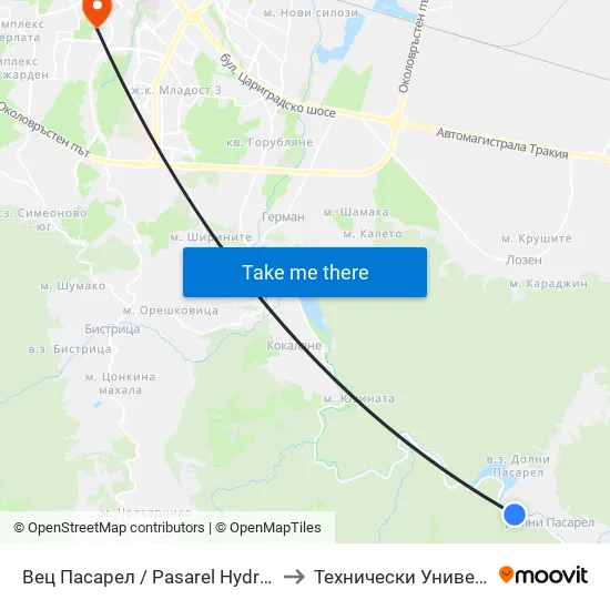 Вец Пасарел / Pasarel Hydroelectric Plant (0420) to Технически Университет - София map