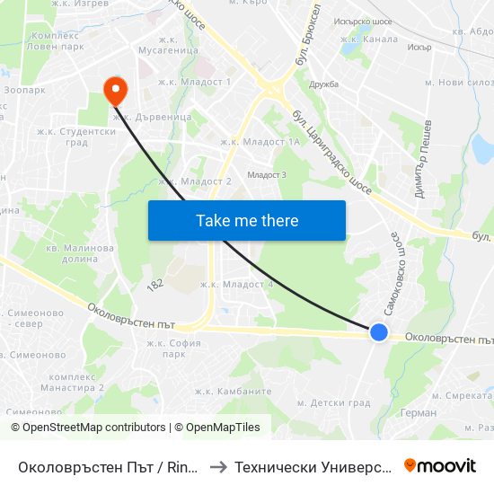 Околовръстен Път / Ring Road (1182) to Технически Университет - София map