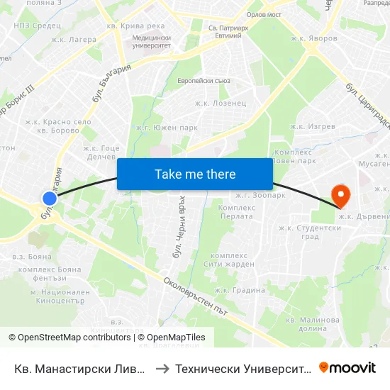 Кв. Манастирски Ливади (0866) to Технически Университет - София map