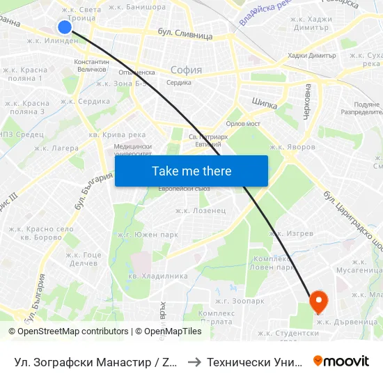 Ул. Зографски Манастир / Zografski Manastir St. (1948) to Технически Университет - София map
