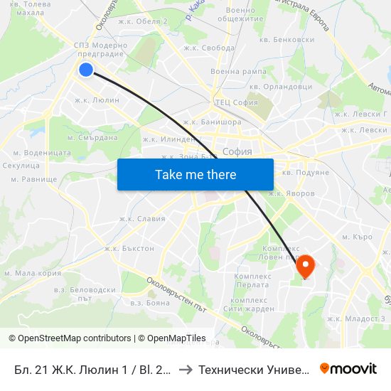 Бл. 21 Ж.К. Люлин 1 / Bl. 21, Lyulin 1 Qr. (1163) to Технически Университет - София map