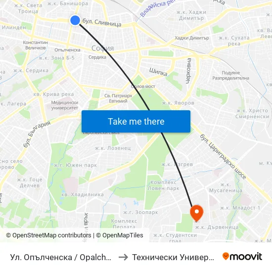 Ул. Опълченска / Opalchenska St. (2081) to Технически Университет - София map