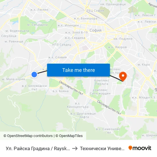 Ул. Райска Градина / Rayska Gradina St. (2261) to Технически Университет - София map