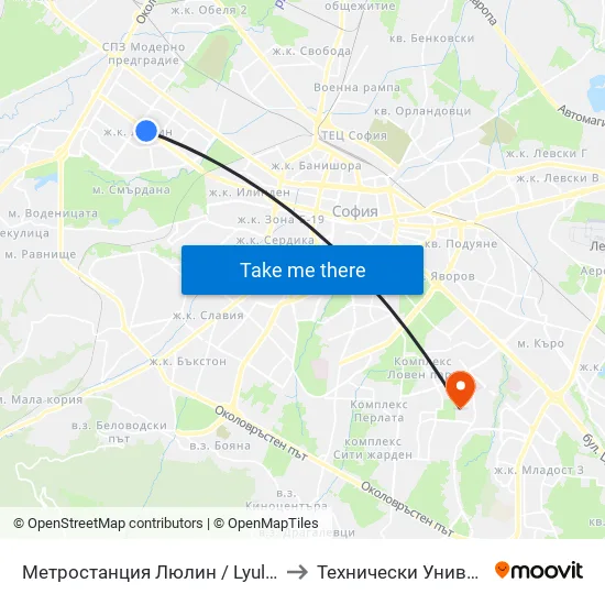 Ⓜ️ Метростанция Люлин / Lyulin Metro Station (1054) to Технически Университет - София map