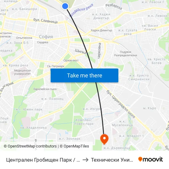 Централен Гробищен Парк / Sofia City Cemetery (1945) to Технически Университет - София map