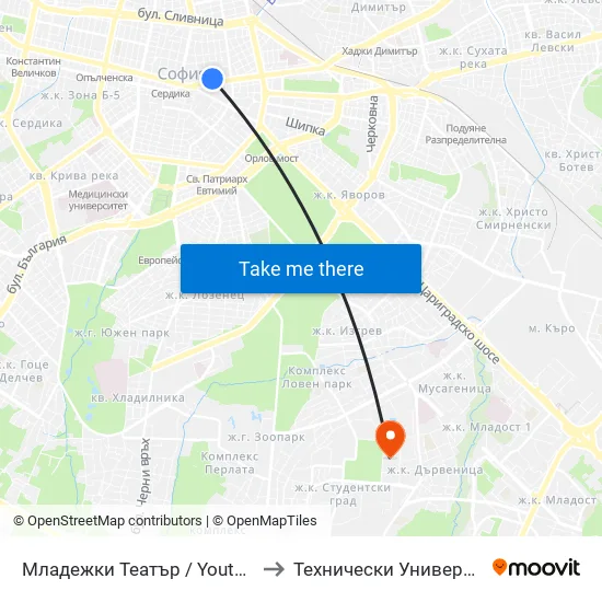 Младежки Театър / Youth Theatre (1074) to Технически Университет - София map